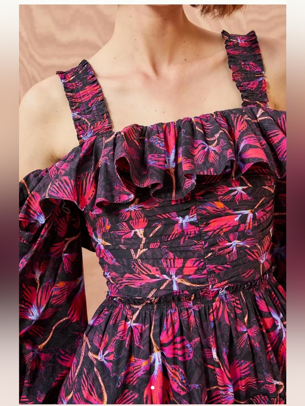 Ulla Johnson Cold Shoulder Floral Dress Pink Black Ruffle Sleeve Long Sleeve - Picture 5 of 10